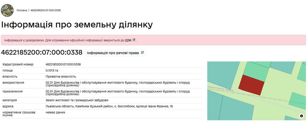 Продаж земелької ділянки в с.Вислобоки, Кам'янка-Бузький район