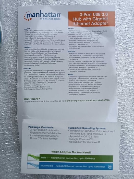 Новый USB-хаб Manhattan 3 порти USB 3.0 RJ45 Gigabit Ethernet (507578)