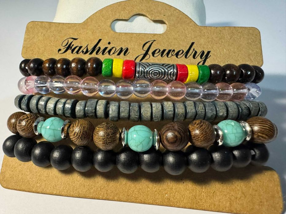pięć drewnianych bransoletek Boho zestaw (m37)