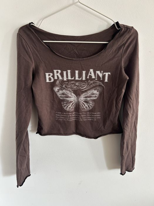 Brązowa bawełniana bluzka z długim rękawem z nadrukiem motyla