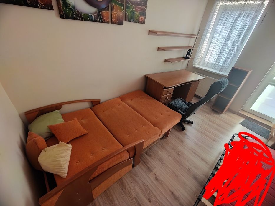 (REZERWACJA) Sofa rozkładana, komoda, biurko, regał