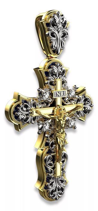 Krzyżyk prawosławny żółtego różowego 14k złota z brylantami cgoc005 W