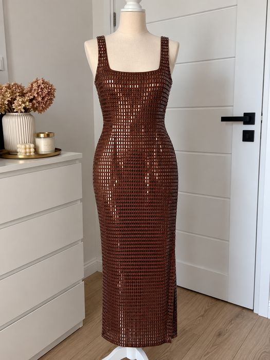 Brązowa kryształkowa sukienka zdobiona Karen Millen M 38