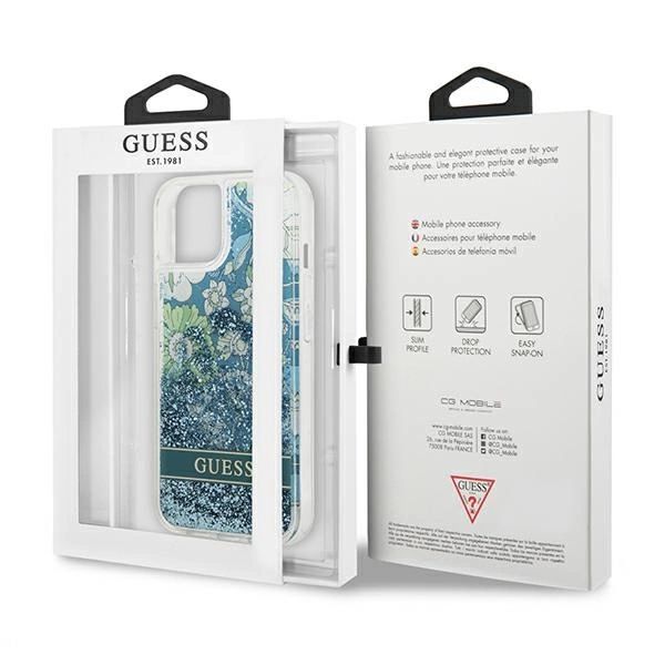 Etui Guess Flower Liquid Glitter na iPhone 13 mini - zielone