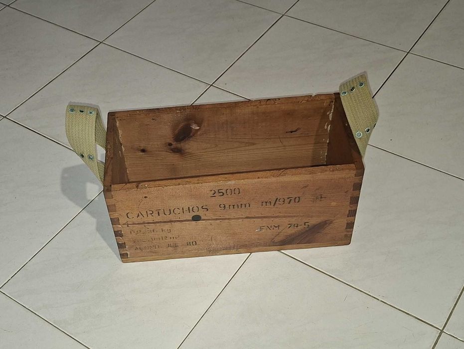 Caixa de munições militares de 9mm, VAZIA, decorativa - 1980