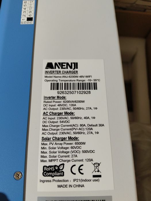 Інвертор anenji 6.2 48v wi-fi