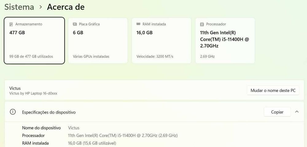 Portátil HP Victus 16-d0012np - i5 11400H - 16GB DDR4 - 512GB - RTX 3060 - Porto