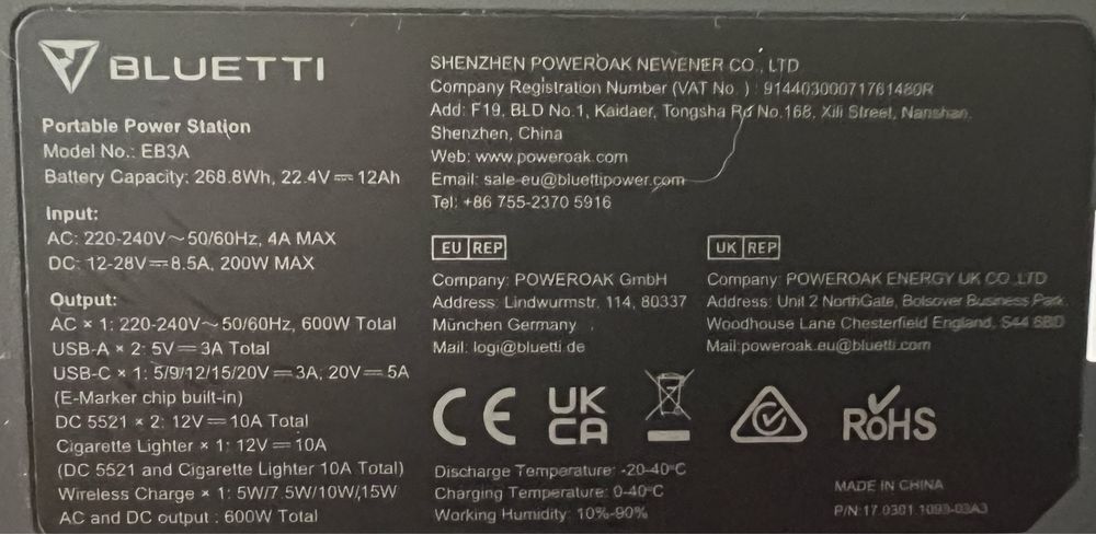 Портативная зарядная станция Bluetti EB3A 600W/268Wh