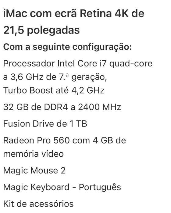iMac com ecrã Retina 4K de 21,5 polegadas