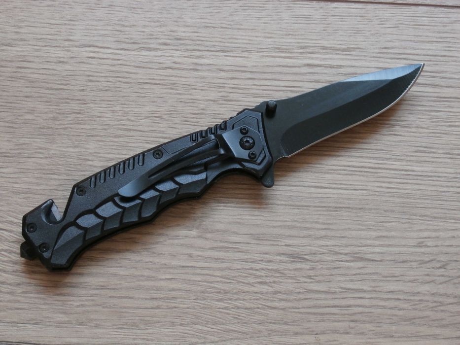 Складний туристичний викидний ніж Boker Cobra Black Flipper 20см,багатофункціональний кемпінговий ніж фліппер з стропорізом,склобоєм,кліпсою