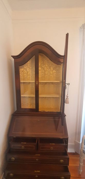 Escrivaninha antiga com Secretária e Livreira Antiga em Madeira com Vitrine