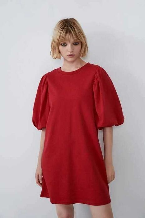 Sukienka ZARA czerwona gruba M jak nowa z bufkami