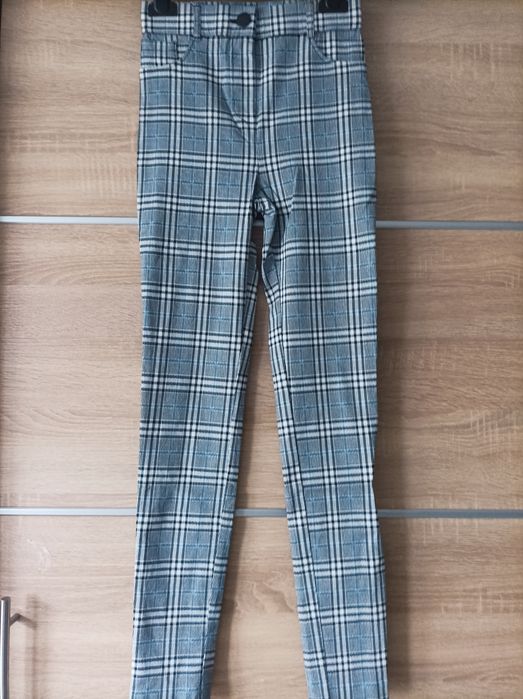 Spodnie/ legginsy/ jegginsy, w kratę, XS, wiskoza, szare/ czarne