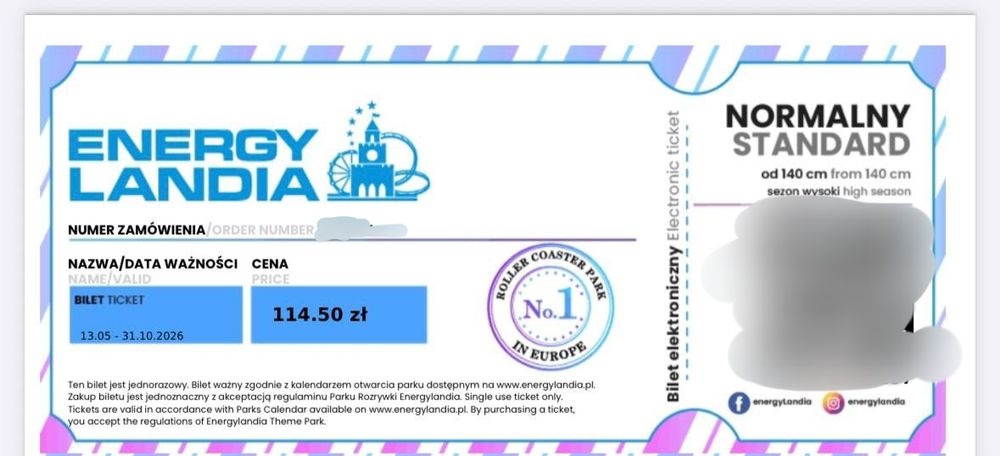 Sprzedam 2 bilety do Energylandii; ważne do 31 października 2026 r.