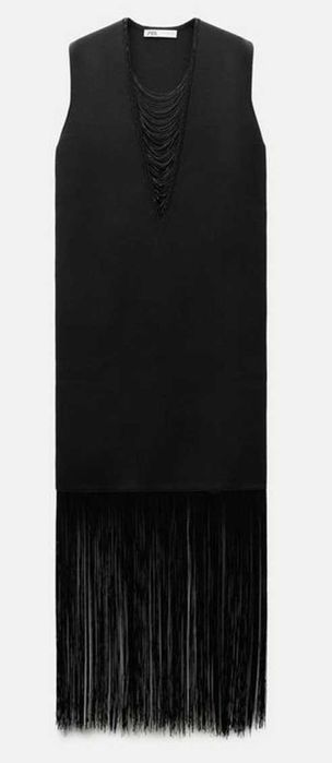 Zara sukienka z frędzlami i dekoltem czarna