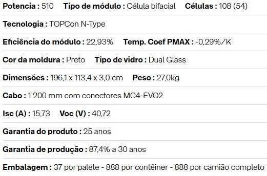 JINKO 510W (Bifacial) - Módulo Solar Fotovoltaico