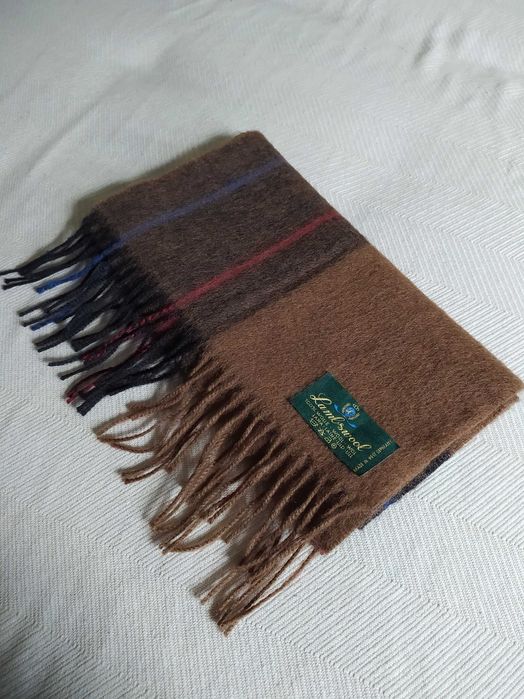 Vintage brązowy szalik w kratę lata 60' wełna 100% lambswool brown