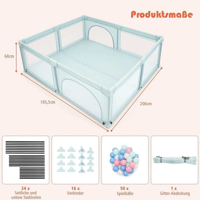 Duży kojec dla dziecka niemowląt z 50 niebieskimi kulkami, suchy basen