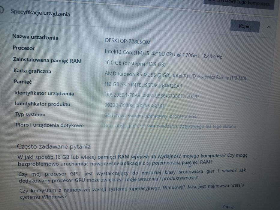 HP ProBook 16GB, dysk SSD, i-5, monitor 17