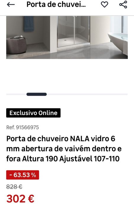 Porta de chuveiro frontal com abertura vaivém 110cm x 190cm