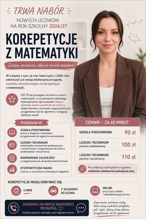 KOREPETYCJE MATEMATYKA - trwa nabór na rok szkolny 2026/27.