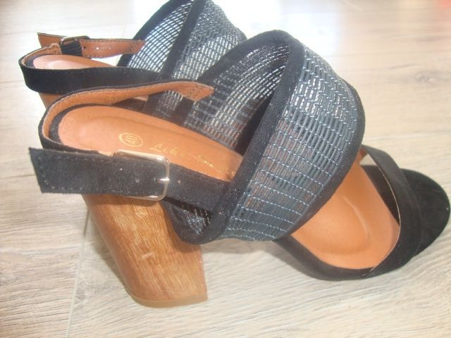 NOWE buty na obcasie Czarne Sandały Wooden Heel r39 sylwester