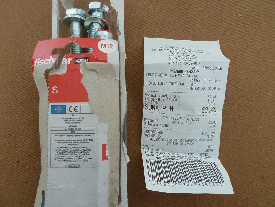 2 nowe kotwy tulejowe Fisher M12 do mocowania bram i innych elementów