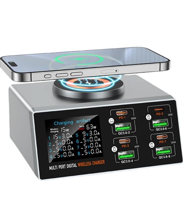 Зарядна станція PUSOKEI 140W USB-C 8 портів з бездротовою 15W