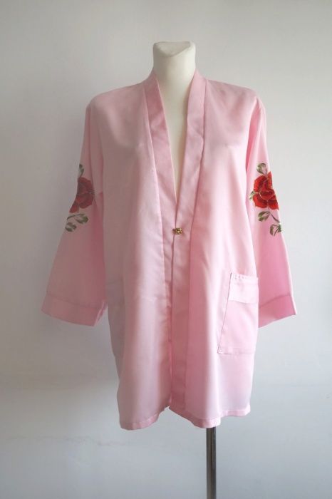 Jedwab kimono szlafrok różowy z różyczkami szlafrok S/M
