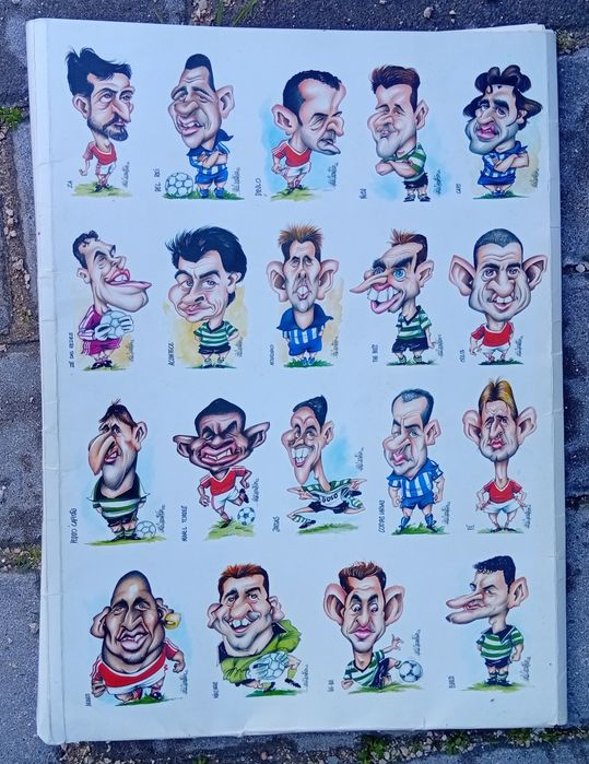 Coleção de caricaturas de antigos jogadores de futebol