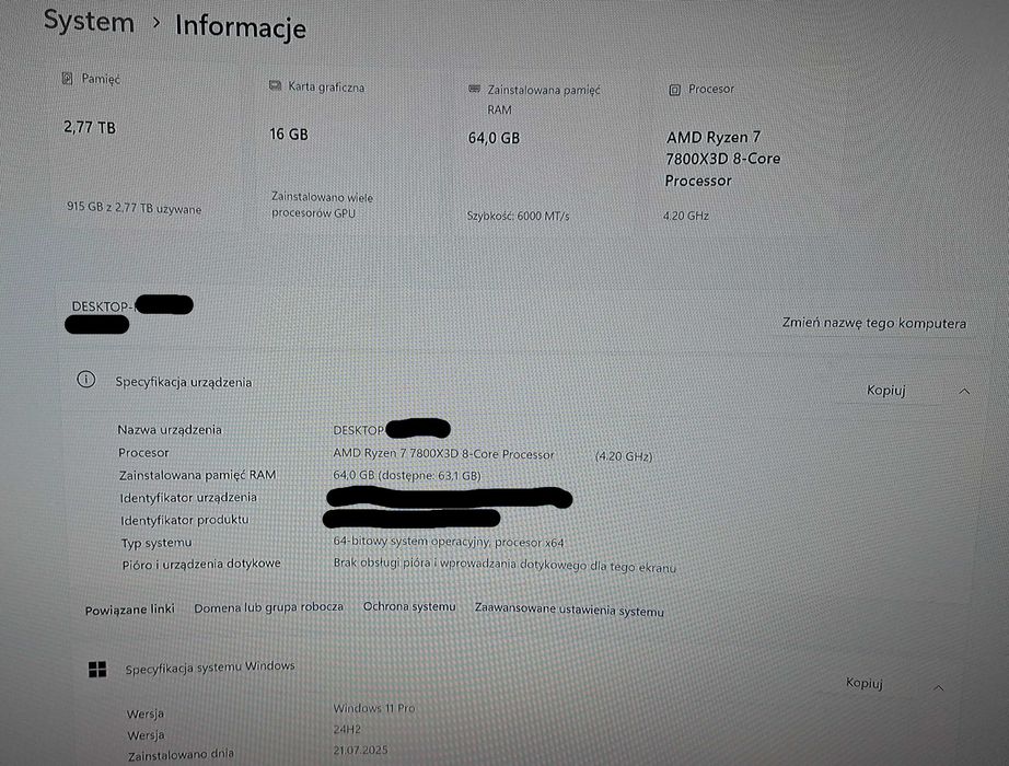 Komputer gamingowy RTX 5080 MSI / 7800X3D / 64GB / SSD 3TB / Windows 11 pro