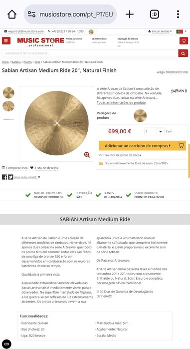 BARATO!!! Sabian Vault Artisan 20" Ride (Médio)