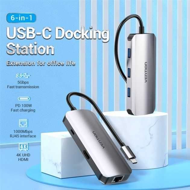 USB-хаб Vention USB3.1 Type-C > HDMI/USB 3.0x3/RJ45/PD 100W Hub 6-in-1