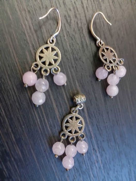 Срібний комплект рожевий кварц сережки підвіска браслет набір срібло