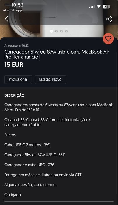 Carregador 61w 67w 87w 96w 140 USBC para MacBook (ler anuncio)