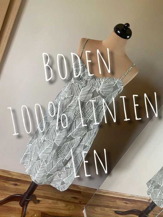 S m boden len sukienka na ramiaczkach len liscie monstera lato trapez 38
