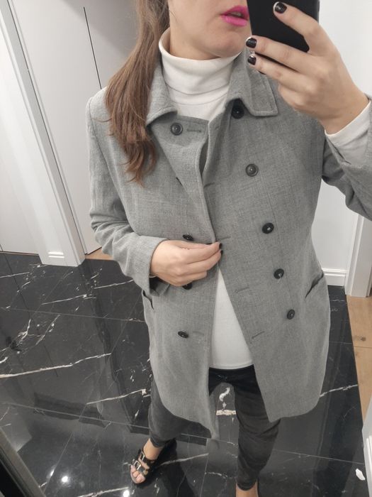 Marynarka płaszcz dwurzędowy wełna wool vintage grey modny elegancki l