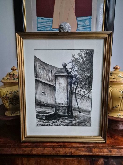 Obraz rysunek pejzaż węgiel ołówek sygnowany Francja studnia antyk