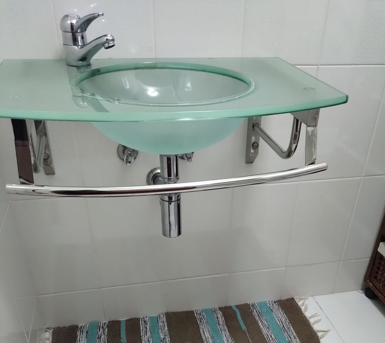 Lavatório de Vidro para Casa de Banho com Suporte Cromado