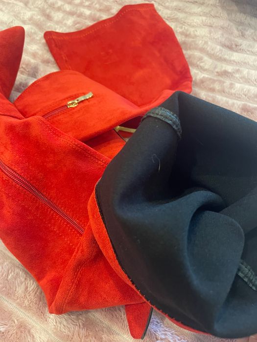 Женские красные ботфорты чулок на золотой шпильке