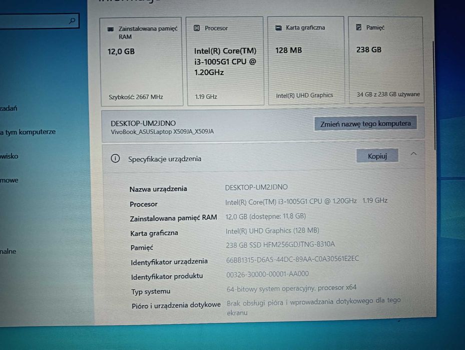 Laptop VivoBook ASUS X509JA i3 10-gen 12 gb 256 gb ssd full hd