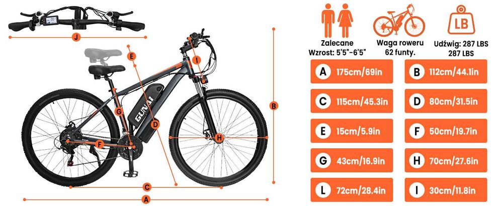 GUNAI GN29 48V15AH ebike, 50-90KM 21 biegów Rower dla dorosłych