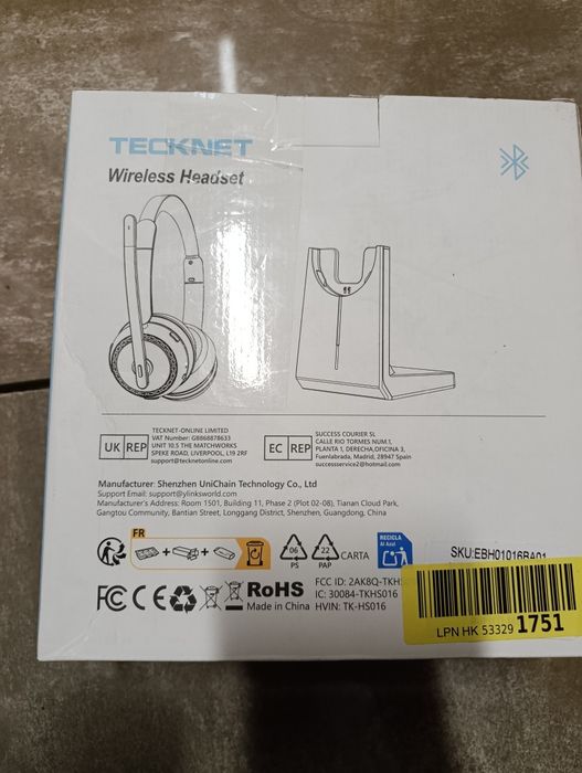 Бездротова  Bluetooth-гарнітура TECKNET Wireless Headset (модель TK-HS016).