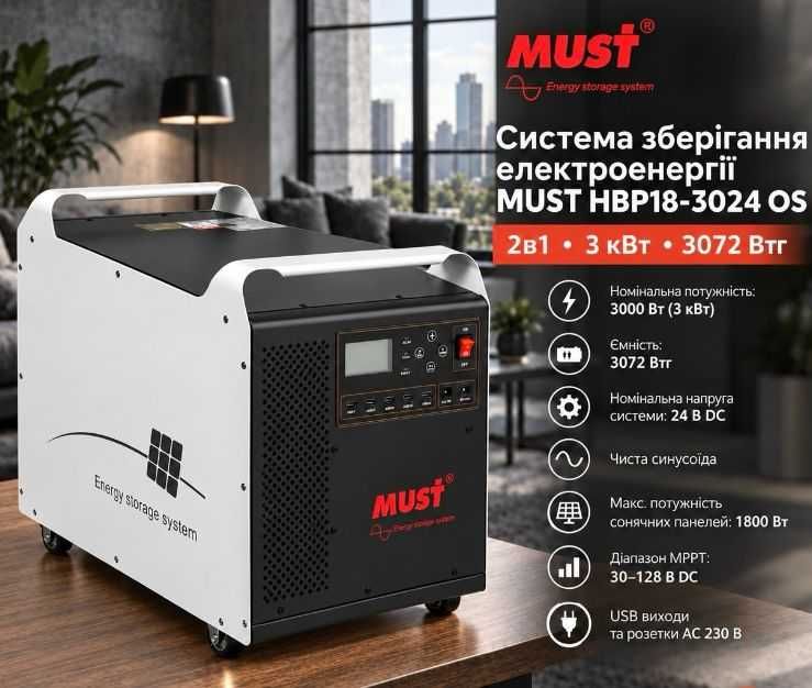 Станція 2 в 1.	Джерело безперебійного живлення MUST HBP18-3024 OS (3 кВт / 3072 Вт·год)