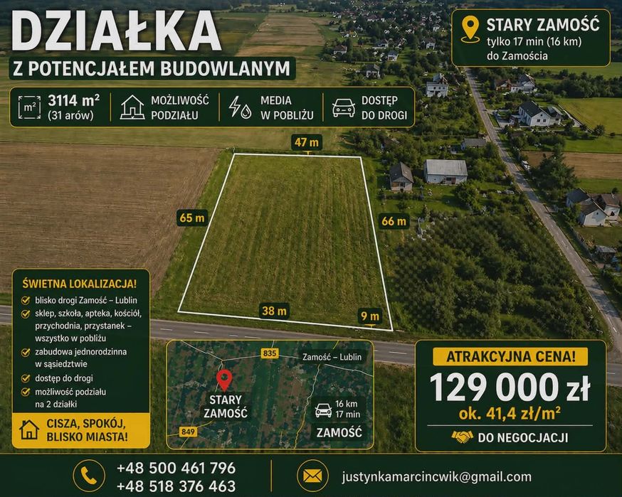 DZIAŁKA BUDOWLANA 31 arów  – Stary Zamość | możliwość podziału | blisko Zamościa