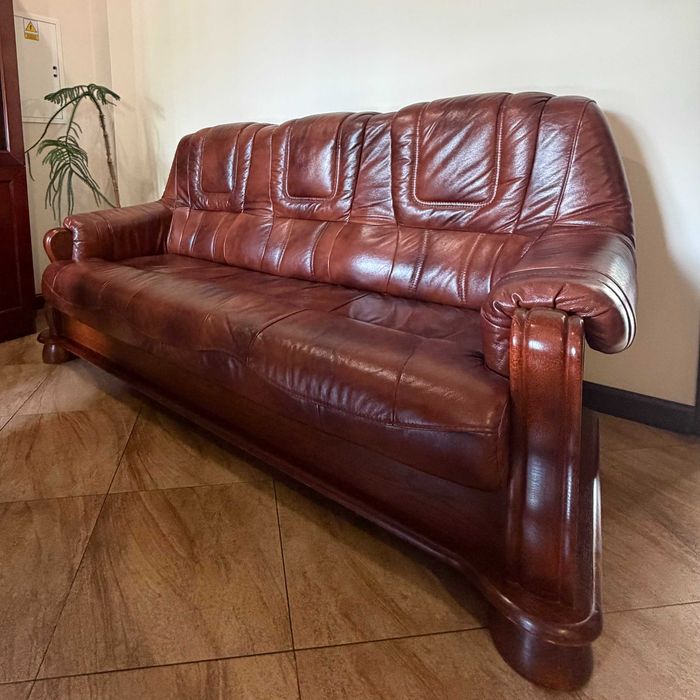 Skórzana Kanapa Sofa, skóra naturalna, lite drewno dębowe, stan bardzo dobry