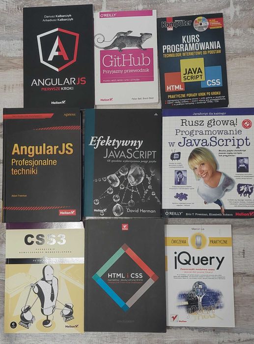 książki JavaScript, Angular, HTML, CSS, Githube