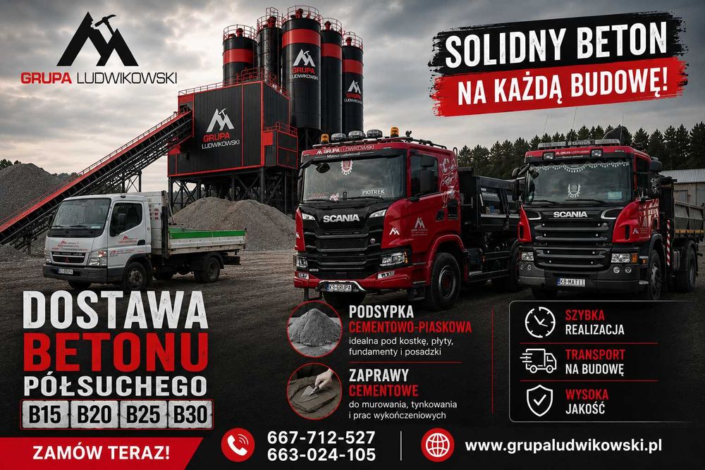 Beton półsuchy B15 B20 B25 betoniarnia zaprawa podsypka cementowo piaskowa piasek żwir stabilizacja