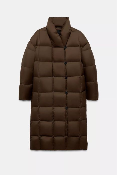 Коричневий шоколадний пуховик міді максі довгий від zara / коричневый шоколадный пуховик миди длинный макси