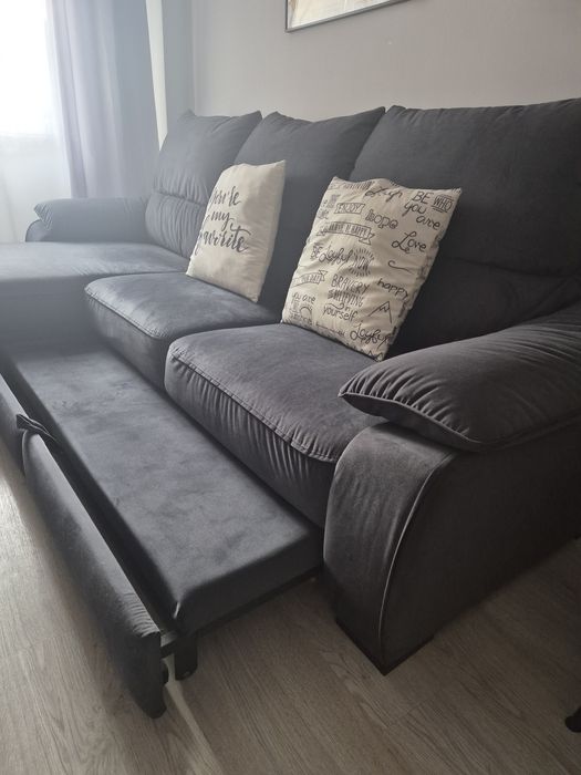 Sofá-cama chaise-longue cinzento-escuro